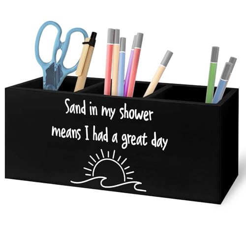 Image of Summer Beach Makeup Brush Toothbrush Holder Organizer for Bathroom Vanity, Beach Lover Gifts, Sand in My Shower Means I Had a Great Day Wooden Pen Pencil Holder for Desk Accessories