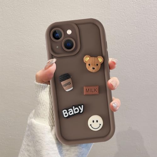 Coalbooliy Funda para iPhone 15 6,1'' Marrón Carcasa Suave TPU Ultrafina Silicona Aesthetic patrón Osito de Peluche 3D, Antigolpes Bumper Protección de Cámara niña Regalo Case Móvil, 01