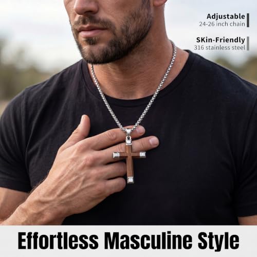 Image of Wooden Cross Necklace for Men with Stainless Steel Adjustable Chain 24-26in, Christian Wood Crucifix Pendant Gift for Him