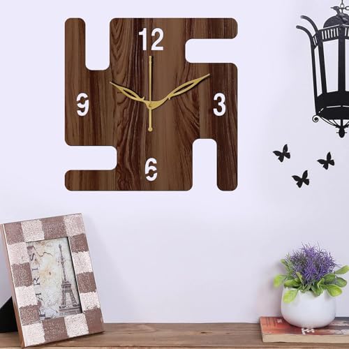 Image of SKYVILLA 12 Inch Wooden MDF Swastik Analog Wall Clock with English Numerals, Romans | Silent Quartz Movement | Lightweight Without Glass Design