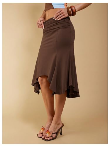 Milumia Women's Ruffle Asymmetrical Hem Midi Skirt Y2K Low Waist Ruched Flowy Skirts2