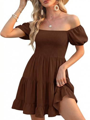Image of Veatzaer Women's Puff Sleeve Square Neck Smocked Babydoll Dress Boho Floral Print Off Shoulder Ruffle Mini Short Dress