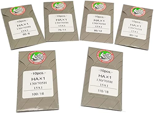 Bequilter Organ Sewing Machine Needles for Brother Singer 60pcs(10PCS Each Size) Flat Shank 15X1 HAX1 130/705H Size 8,11,12,14,16,18