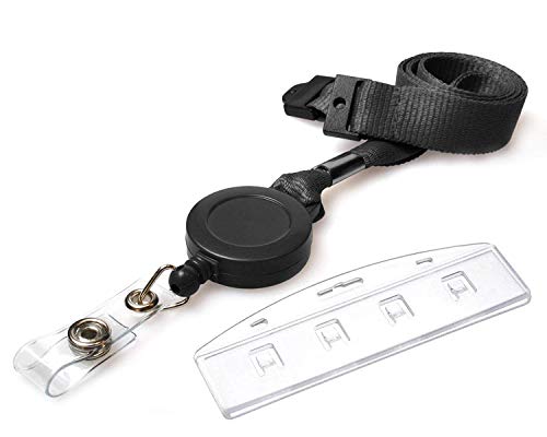 PCL Media ltd® ID Swipe Card Holder & Access Card Lanyard Neck Straps with Integrated Retractable Card Reel - Black (1) Extendable Lanyard with Card Holder
