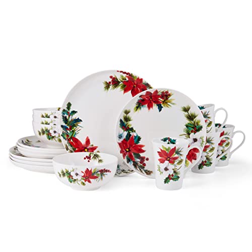 Mikasa Hope Joy Holiday Poinsettia 16 Piece Chip Resistant Dinnerware Set, Service for 4, Multicolor