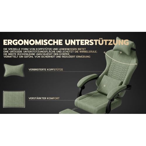 Gaming Stuhl Bürostuhl Stoff mit Fußstütze, 135° verstellbare Rückenlehne, Lordosenstütze & gepolsterte Armlehnen, ergonomischer Schreibtischstuhl für Home Office & Spielen(Grün)