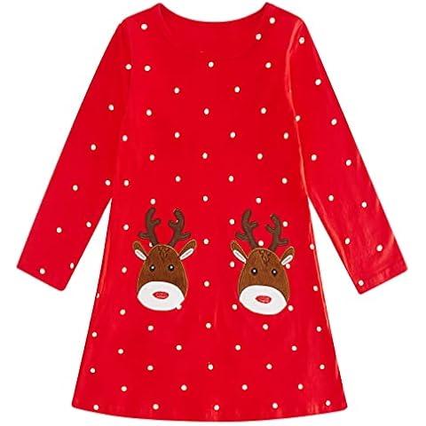 Girls Christmas Dress Kids Long Sleeve Winter Dress Cotton 2 Pockets Reindeer Xmas Dress 4-5 Years Cover