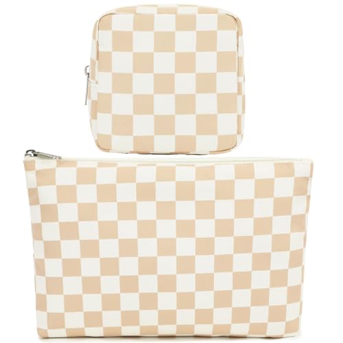 Image of Fammart Makeup Bag, Travel Cosmetic Bag Organizer Toiletry Bag Make Up Bags with Zipper & Compartments for Women Girls, Checkered, 2PCS - Khaki, L, Fashion