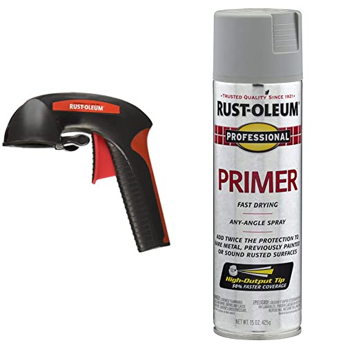 Rust-Oleum 241526 Comfort Grip, Black, 2 in x 7.25 in & 7582838 Professional Primer Spray Paint, 15 oz, Gray Primer