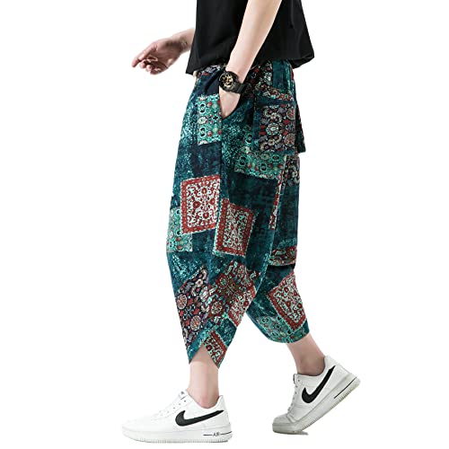 Doslavida Men's Casual Elastic Waist Linen Capri Pants Wide Leg Baggy Cotton Harem Yoga Trousers Loose Patchwork Shorts B-Blue #TOP1