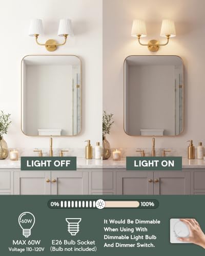 Image of 2-Light Brushed Gold Bathroom Vanity Light, Pleated Fabric Shade