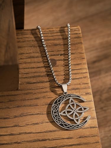 HAQUIL Celtic Knots Necklace, Stainless Steel Celtic Crescent Moon Triquetra Knot Pendant, Box Chain, Celtic Jewelry Gift3
