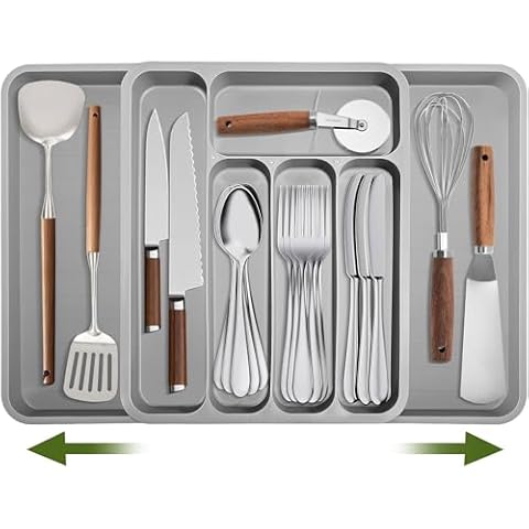 HEMOUR Kitchen Silverware Organizer, Expandable Utensil Drawer Organizer, Detachable and Adjustable Kitchen Drawer Organizer, BPA-free Cutlery Drawer Organizer for Flatware Cover