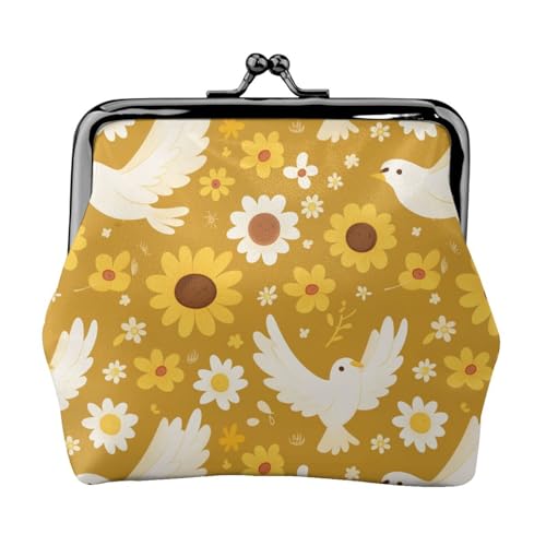 Pu Leather Buckle Coin Purse Peace-Dove-Daisies Girls Kiss-Lock Change Purse Wallets