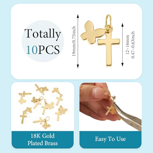 Image of 10Pcs 18K Gold Plated Cross Charms Brass Golden Crucifix with Butterfly Pendants Metal Permant Jewelry Charms with Jump Ring for DIY Bracelets Necklaces Earring Jewelry Making