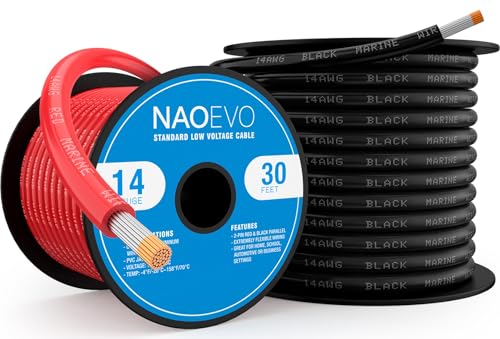 NAOEVO 14 Gauge Marine Wire 14 AWG Tinned Copper PVC Marine Grade Wire IP68 Waterproof/Corrosion-Resistant Electrical Cable for Boat RV Automotive Solar Trolling Motor (30 ft Black + 30 ft Red)