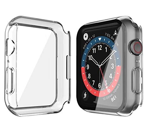 Image of Piuellia 2 Pack Transparent Hard Case with Tempered Glass Screen Protector Compatible for Apple Watch Series 7 45mm, Ultra-Thin Shockproof Overall Protective Cover for iWatch