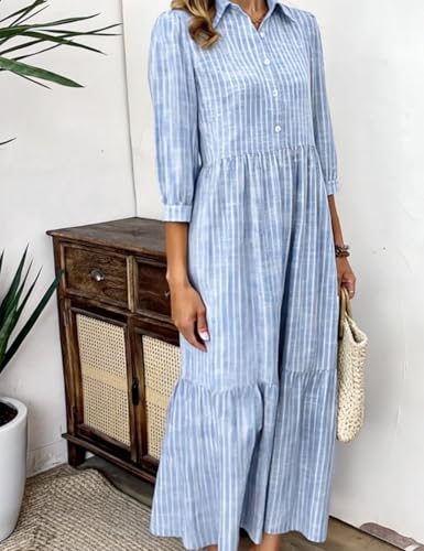 XNC Women's Blue and White Striped Shirt Maxi Dress 2025 Summer Fashion Collared Breezy Print 3/4 Sleeve Long Dresses2