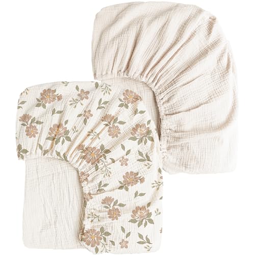 Image of Konssy Muslin Crib Sheets 2 PCS, 100% Cotton Baby Crib Sheets for Standard Crib Mattress (28"x 52"), Soft and Breathable for Boys, Girls (Petal,Cream)