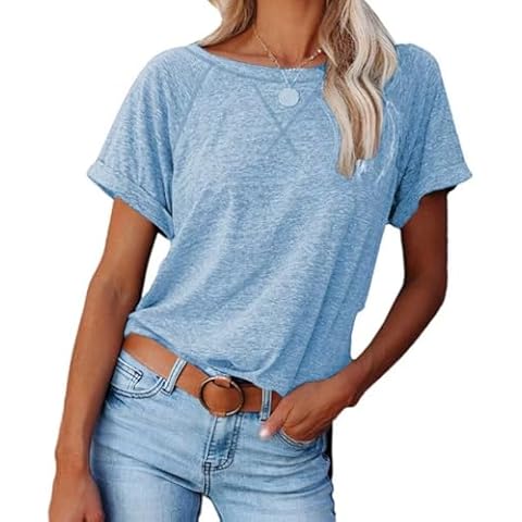 Welity Short Sleeve Shirts For Women Loose Fit Casual Crewneck Casual Summer Tops Cotton Plain Tees, 1# Sky Blue, X-Large Cover