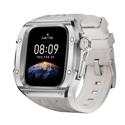 EAMOM For Apple Watch Series 10 46MM Stainless Steel Case And Silicone Strap Replacement Band Mod Kit Watchbands(Silver White)