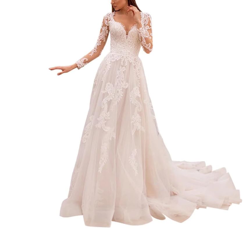 Brautkleid A-Linie Lang Spitze Standesamt Hochzeitskleid mit Ärmel Prinzessin Brautkleider Hochzeitskleider