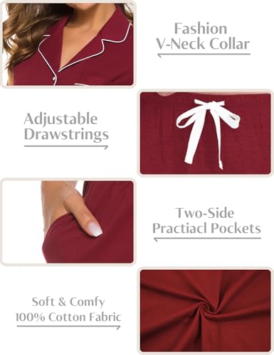Image of COLORFULLEAF Women's 100% Cotton Pajamas Set Button Down Sleepwear Short Sleeve Shirt and Long Pants Soft Ladies Lounge Sets