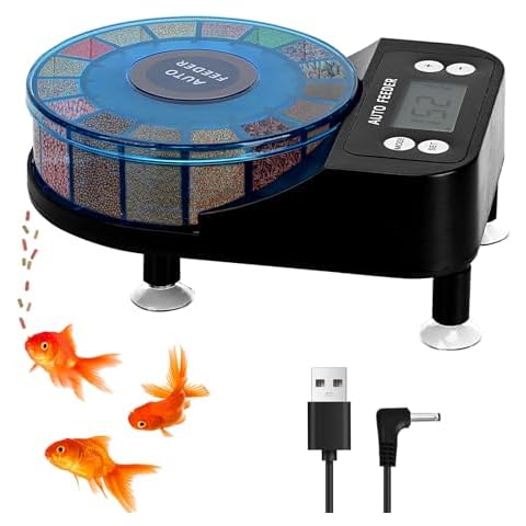 Podazz Automatic Aquarium Fish Feeder Moisture Proof Precision Fish Tank Food Dispenser with Timer Feeding Vacation Feeder, USB Rechargeable, LCD Display for Vacation Weekend Holiday(Blue) Cover