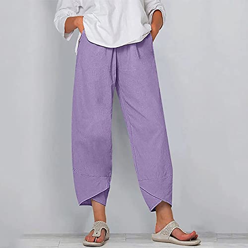 Image of Cotton Linen Capri Pants for Women 2025 Casual Printed Cropped Palazzo Pants Elastic Waist Lounge Baggy Trousers