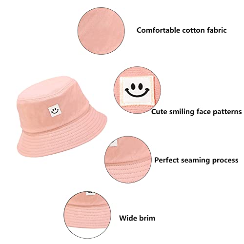 Kids Sun Hat Smile Face Bucket Hat For Girls Boys Summer Sun Protection Cotton Unisex Beach Cap(Pink) #TOP2