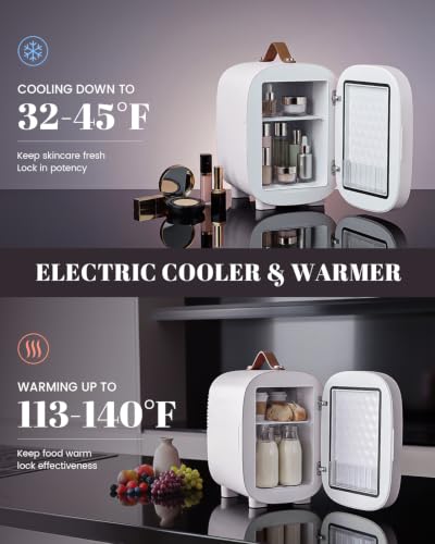 Image of Mini Fridge for Bedroom, 4 Liter /6 Can Skincare Fridge With LED Mirror & Leather Carrying Handle, AC /DC Cooler & Warmer Portable Small Refrigerator for Drinks, Makeup, Dorm, Office and Car(White)
