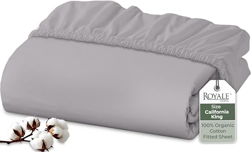 Image of Royale Linens 100% Organic Cotton Fitted Sheet - Percale Weave - Super Soft Deep Pocket Bottom Sheets - Elastic Sheet King Cal Size - California King Fitted Sheets Only - (72 inchx84 inch+15 inch, Silver)