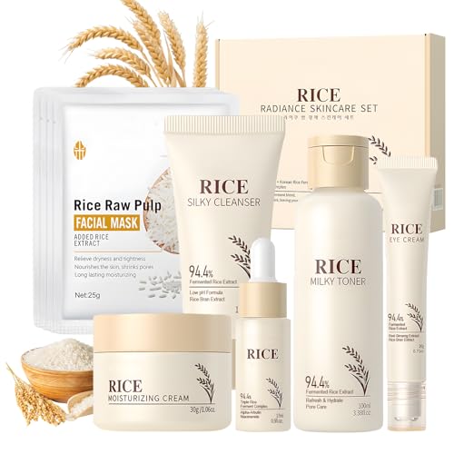 Rice Skincare Kit, 9 Piezas Skincare Coreano, Rice Cuidado Facial Mujer, Korean Skincare con Limpiador Facial, Mascarillas Coreanas, Rice Toner, Cremas Faciales Mujer, Contorno de Ojos, Serum Coreano
