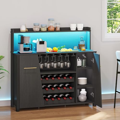 DWVO-Sideboard-Buffet-Cabinet-wLED-Lights-47-Coffee-Bar-Cabinet-with-Storage-Wine-Rack-and-Glass-Holder-Liquor-Cabinet-wAdjustable-Shelf-for-Living-Room-Kitchen-Dining-Room-Black DWVO Sideboard Buffet Cabinet wLED Lights 47 Coffee Bar Cabinet with Storage Wine Rack and Glass Holder Liquor Cabinet wAdjustable Shelf for Living Room Kitchen Dining Room Black