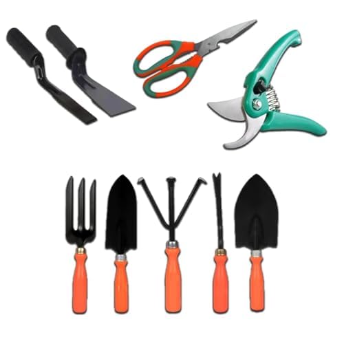 Image of Ocean Mart 9-Piece Gardening Tools Kit for Gardening - Cultivator, Fork, Trowels, Weeder, Garden Scissor, Khurphi & Pruner Cutter for Indoor & Outdoor Gardening