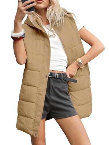 Gihuo Women's Long Puffer Vest Winter Quilted Hooded Sleeveless Zip Up Long Jacket Vest Gilet (US, Alpha, X-Large, Regular, Regular, Khaki)