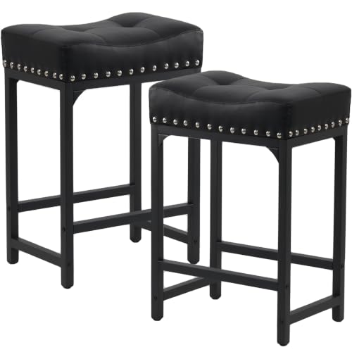 Image of Bar Stools Set of 2, Counter Height Bar Stools for Kitchen Island, 24 Inch Black Saddle Backless Barstools, Counter Height Stools with Thick Saddle Seats & Metal Base, Black