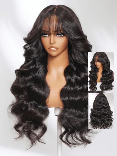 Image of Beauty Forever 13x4 Pre Everything Lace Frontal Glueless Wigs Human Hair Pre Plucked Pre Cut Black Fluffy Natural Loose Wave Curtain Bangs Wig Ready to Wear Wig for Women 150% Density 16 Inch