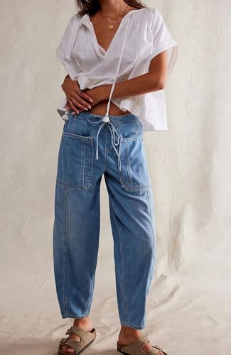 loveimgs Women Casual Denim Barrel Jeans Drawstring Elastic Waist Patchwork Horseshoe Jeans Y2k Cargo Harem Pants Pocket2