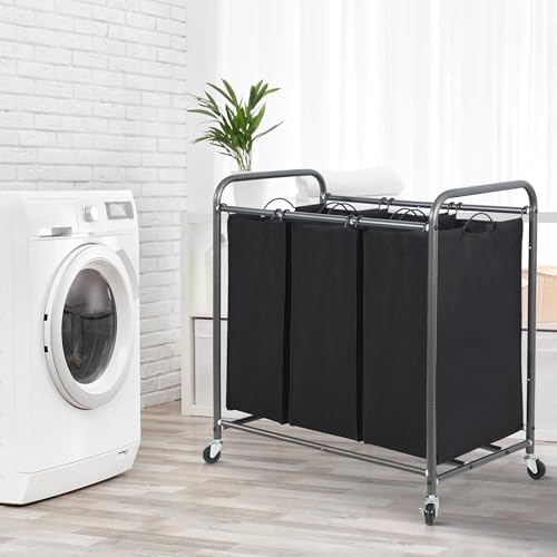 Image of STORAGE MANIAC 3 Section Laundry Sorter, 35.6 Gal (135 L) Laundry Hamper Cart with Heavy Duty Rolling Lockable Wheels and Removable Bags, Clothes Organizer Basket Separator Hamper, Black