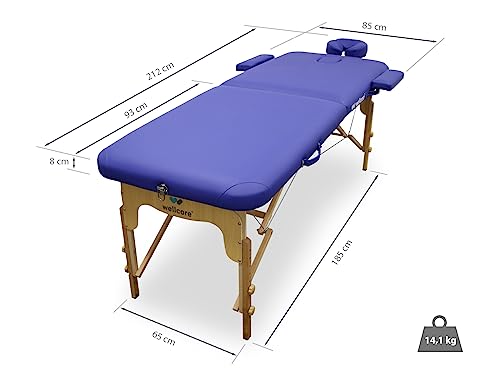WELLCORE Massageliege, klappbar, aus Holz, Kunstleder, 185 x 65 cm, höhenverstellbar, Abnehmbarer Kopf, Zwei Erweiterungsarme, Gesichtsloch, Weiß, bis 225 kg