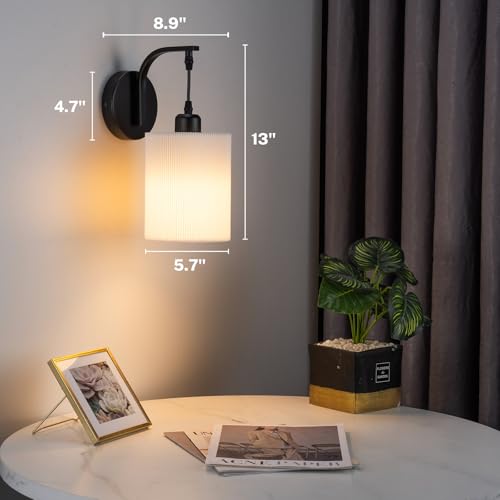 Image of Battery Operated Wall Sconce Set of Two, Pleated Fabric Rechargeable Wireless Wall Sconces with 13000mAh Bulb & Dimmable, Battery Sconces Wall Light Decor Set of 2 for Living Room, Black