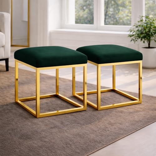 Image of Square Metal Ottoman /Sitting Stool /Living Room Furniture /Office, Velvet Footstool /Footrest Pouffes Home Decor (Set of 2 Green) - 30.48 Cm, 38 Cm
