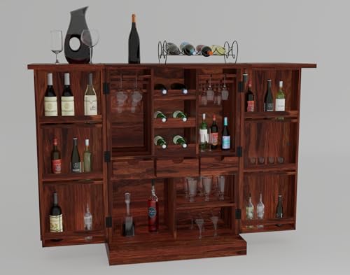 Image of Solid Sheesham Wood Bar Unit Cabinet with Storage Bottle Shelves & Built-in Glass Holder Wooden Drink Wine Rack Organizer for Living Room, Home & Lounge Dining Cupboard Liquor Furniture
