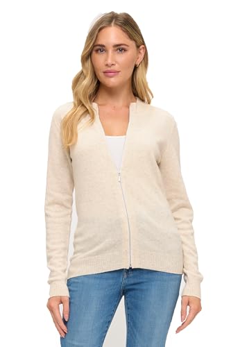 Image of Women's 100% Cashmere Soft Long Sleeve Crew Neck Open Zip Cardigan