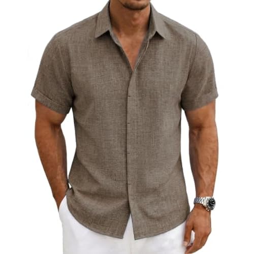 Mens Linen Shirts Short Sleeve Casual Shirt Button Down Summer Beach Vacation Tops Men Casual Dress Shirts Breathable