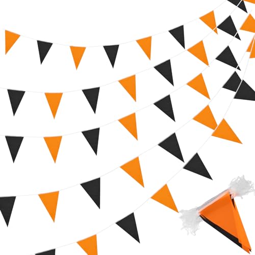 Image of Tatuo 200 Feet Solid Pennant Banners Flags String Triangle Hanging DIY Bunting Flags Party Decorations for Grand Opening Party Banners for Kids Birthday, Shops (Black and Orange)