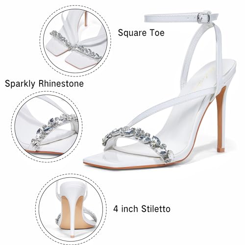 Image of Elisabet Tang Women's Crystal Stilettos Heeled Sandals, 4 Inch Square Open Toe Strappy Sexy High Heels Ankle Strap Buckle Heels for Party Wedding Dress Daily Wear Shoes