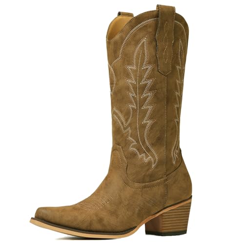 Image of Cowboy Boots for Women, Chunky Heel Western Boot | Mid-calf cowgirl boots with all-day comfort, ideal for daily outfits, country music festivals and western themed occasions