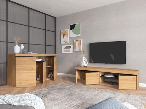 Skraut Home – TV-Schrank – Naturemodell – 160 x 40 x 41 cm – Beistellschrank 3 Türen und 1 zentralem Regal – Nordischer Stil – Melamin – Eiche und Schwarz